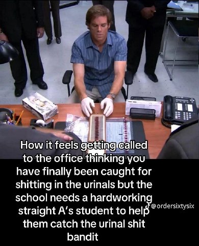 Неа How it feels getti to the office thinking you have finally been caught for shitting in the urinals but the school needs a hardworkin straight A's student to hel ordersixtysix them catch the urinal