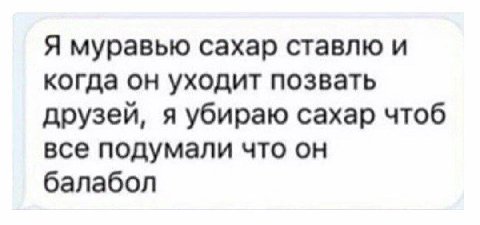 Я муравью сахар ставлю и когда он уходит позвать друзей, я убираю сахар чтоб все подумали что он балабол
