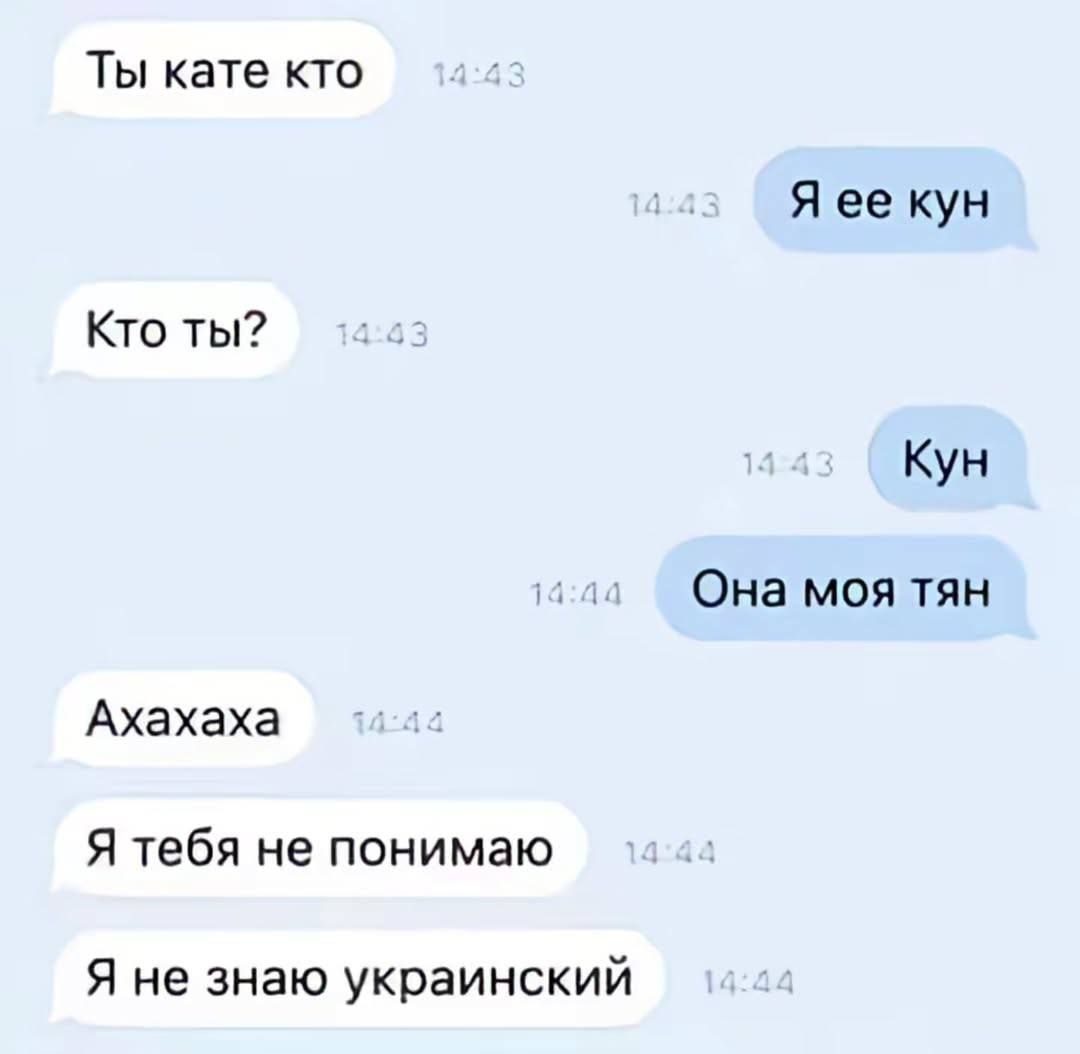 Ты кате кто Я ее кун Кто ты? Кун Она моя тян Ахахаха Я тебя не понимаю Я не знаю украинский