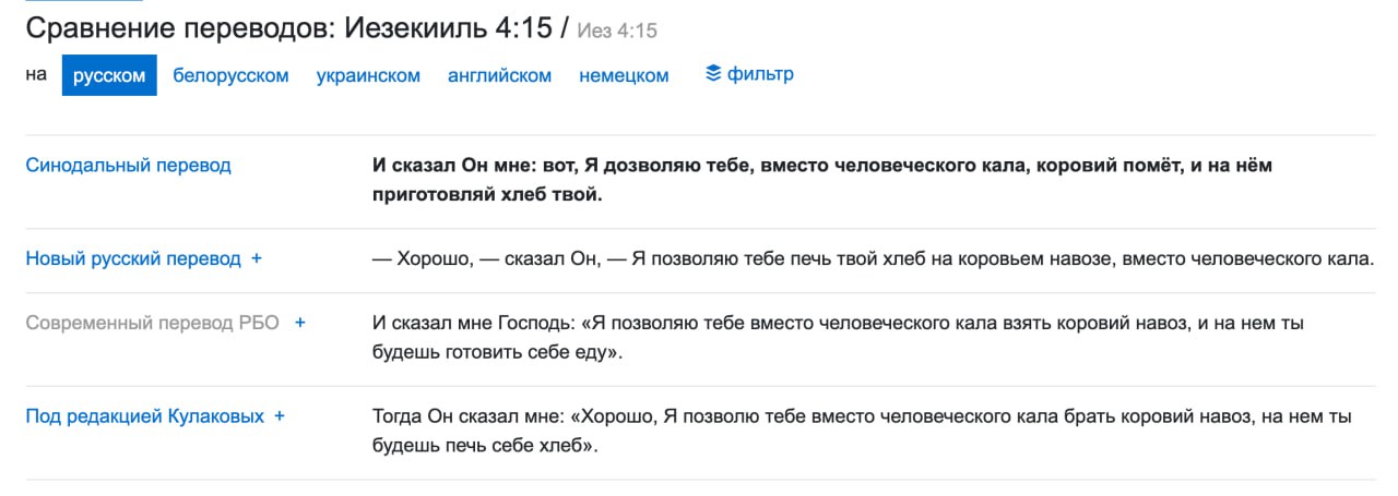 Сравнение переводов: Иезекииль 4:15 иез 4:15 на белорусском украинском английском немецком фильтр Синодальный перевод И сказал Он мне: вот, Я дозволяю тебе, вместо человеческого кала, коровий помёт, и