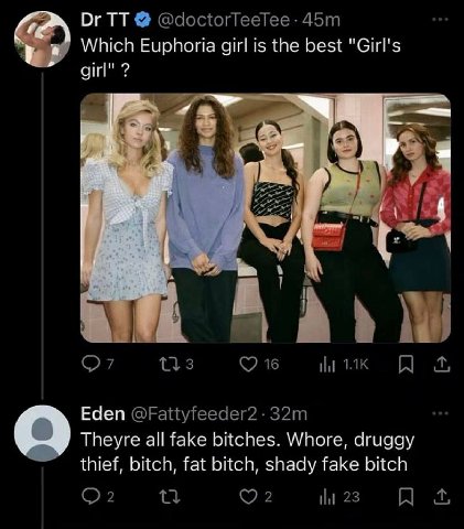 @doctorTeeTee: Which Euphoria girl is the best "Girl's girl" a... О? 16 И Eden @Fattyfeeder2 Theyre all fake bitches. Whore, druggy thief, bitch, fat bitch, shady fake bitch О? 2 23