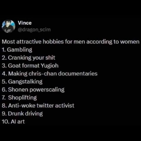 Vince @dragon_scim Most attractive hobbies for men according to women 1. Gambling 2. Cranking your shit 3. Goat format Yugioh 4. Making chris-chan documentaries 5. Gangstalking 6. Shonen powerscaling 