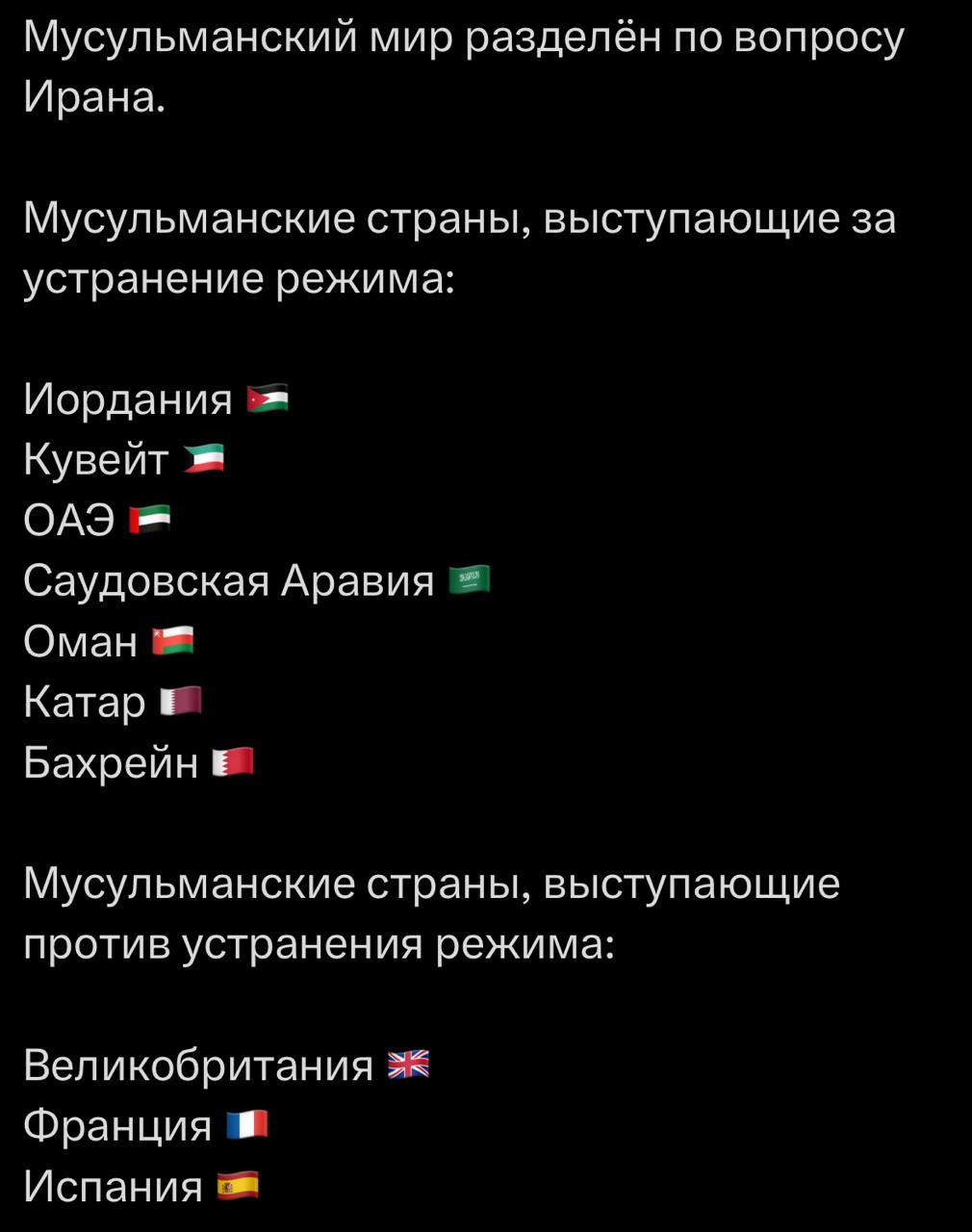 Мусульманский мир разделён по вопросу Ирана. Мусульманские страны, выступающие за устранение режима: Иордания Кувейт ОАЭ Саудовская Аравия Оман Катар Бахрейн Мусульманские страны, выступающие против у