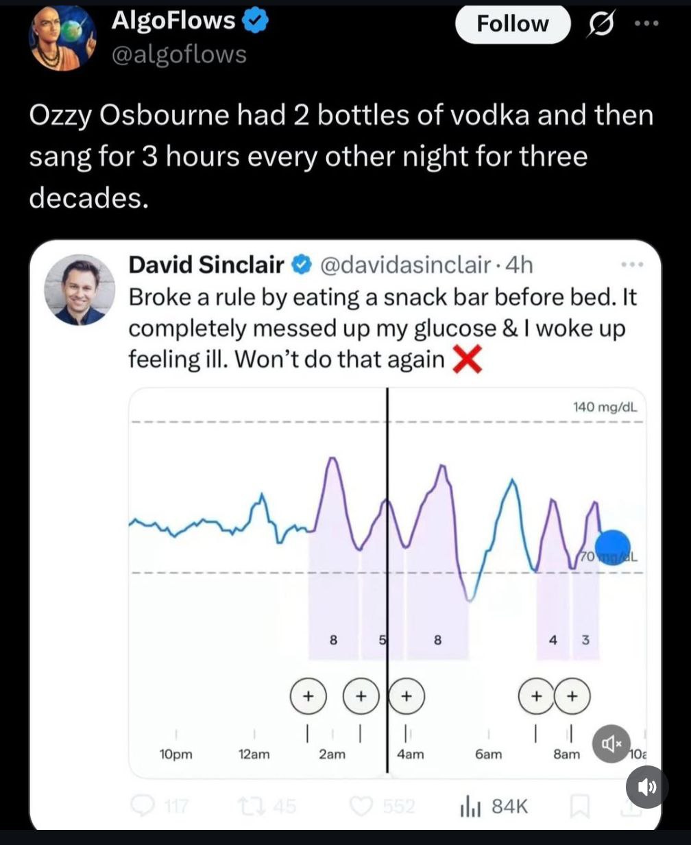 AlgoFlows о Ozzy Osbourne had 2 bottles of vodka and then sang for 3 hours every other night for three decades. David Sinclair Broke eating a snack bar before bed. It completely messed up my glucose w