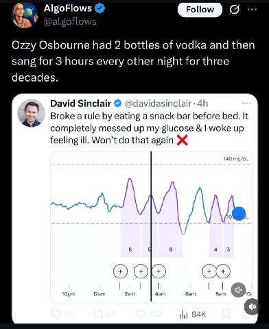 AlgoFlows о Ozzy Osbourne had 2 bottles of vodka and then sang for 3 hours every other night for three decades. David Sinclair Broke eating a snack bar before bed. It completely messed up my glucose w