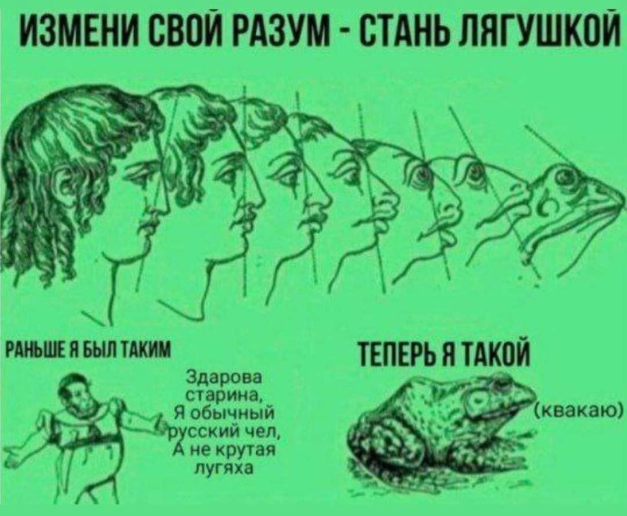 ИЗМЕНИ СВОИ РАЗУМ СТАНЬ ЛЯГУШКОИ “A A if 4 РАНЬШЕ Я БЫЛ ТАКИМ ТЕПЕРЬ Я старина, Здарова КОИ Я обычный (квакаю) сский чел не крутая 4% лугяха