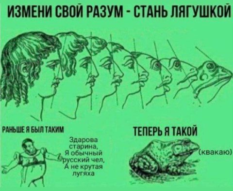 ИЗМЕНИ СВОИ РАЗУМ СТАНЬ ЛЯГУШКОИ “A A if 4 РАНЬШЕ Я БЫЛ ТАКИМ ТЕПЕРЬ Я старина, Здарова КОИ Я обычный (квакаю) сский чел не крутая 4% лугяха