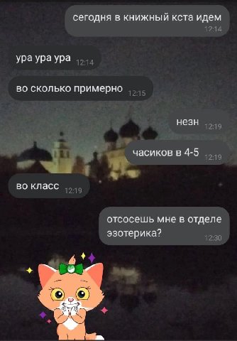 сегодня в книжный кста идем 12:14 ура ураура во сколько примерно незн 12:19 4-5 часиков в 4- 12:19 во класс отсосешь мне в отделе эзотерика? 7)