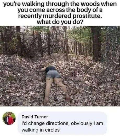 you're walking through the woods when you come across the body of a recently murdered prostitute. what У you А +205 David Turner change directions, obviously walking in circles
