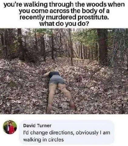you're walking through the woods when you come across the body of a recently murdered prostitute. what У you А +205 David Turner change directions, obviously walking in circles