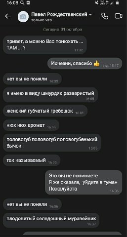 16:08 Павел только что Сегодня, 31 октября привет, а можно Вас понюхать TAM Исчезни, спасибо нет вы не поняли я имею в виду шмурдяк разваристый женский губчатый гребешок нюх нюх аромат половогуб полов