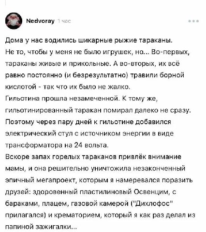 о Nedvoray 1 Дома у Hac водились шикарные рыжие тараканы. Не то, чтобы у меня не было игрушек, но... Во-первых, тараканы живые и прикольные. А во-вторых, всё равно постоянно (и безрезультатно) травили