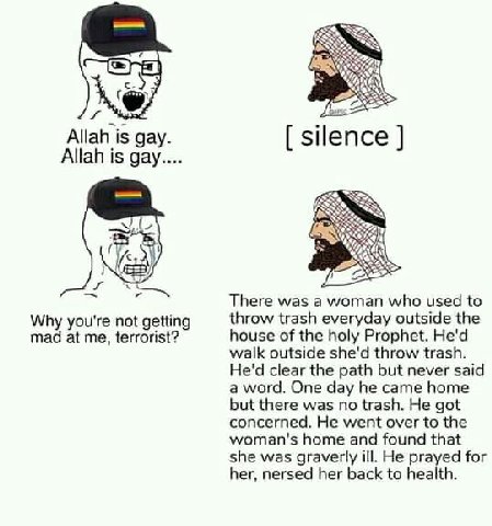 Allah is gay. silence Allah is gay.... There was a woman who used to Why you're not getting throw trash everyday outside the mad at me, terrorist? house of the holy Prophet. He'd walk outside she'd th