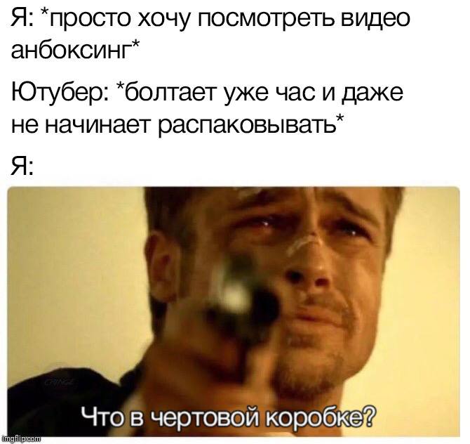 Я: *просто хочу посмотреть видео анбоксинг* Ютубер: *болтает уже час и даже не начинает распаковывать” Я Чтов чертовой коробкей