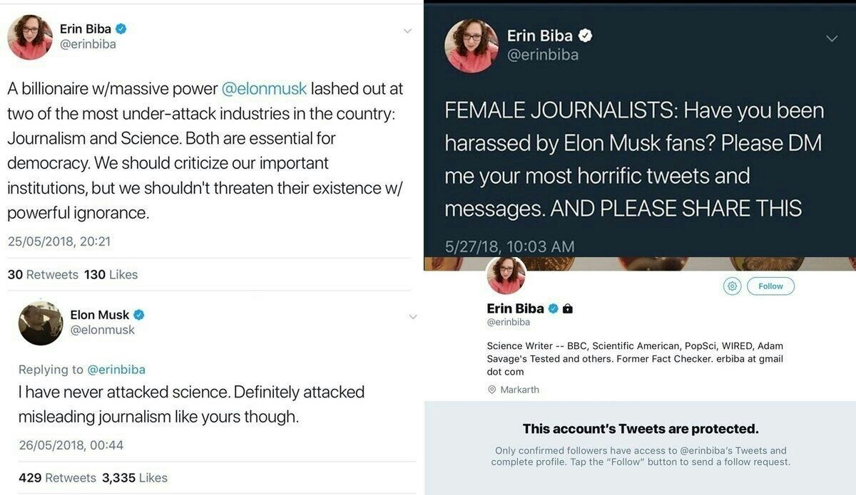 Erin Biba Erin Biba @erinbiba (9) @erinbiba A billionaire w/massive power @elonmusk lashed out at two of the most under-attack industries in the country FEMALE JOURNALISTS: Have you been Journalism an
