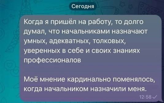 Сегодня Когда я пришёл на работу, то долго думал, что начальниками назначают умных, адекватных, толковых, уверенных в себе и своих знаниях профессионалов Моё мнение кардинально поменялось, когда начал