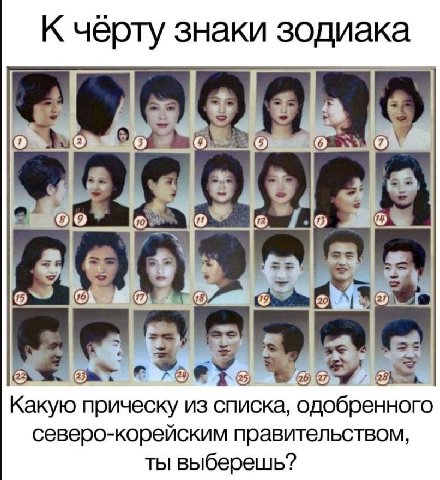 К чёрту знаки зодиака „3. Какую прическу из списка, одобренного северо-корейским правительством, ты выберешь?