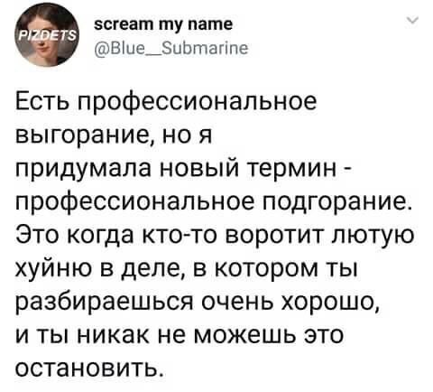 Есть профессиональное выгорание, но я придумала новый термин профессиональное подгорание. Это когда кто-то воротит лютую хуйню в деле, в котором ты разбираешься очень хорошо, и ты никак не можешь это 