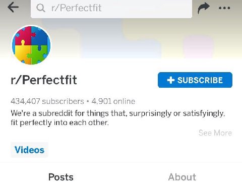 г/Ремесни r/Perfectfit 434,407 subscribers 4,901 online We're a subreddit for things that, surprisingly or satisfyingly fit perfectly into each other. Videos Posts About