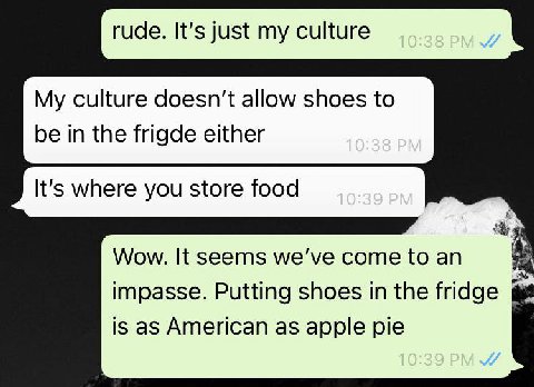 rude. It’s just my culture My culture doesn't allow shoes to be in the frigde either It's where you store food А Wow. It seems we've come to impasse. Putting shoes the fridge is as American as apple p