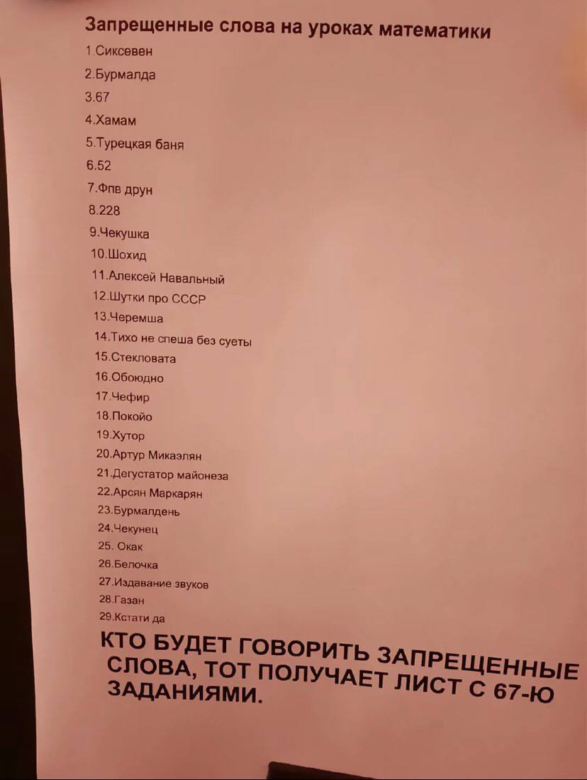 Запрещенные слова на уроках математики 1 Сиксевен 2.Бурмалда 3.67 4.Хамам 5.Турецкая баня 6.52 7.Фпв друн 8.228 9.Чекушка 10.Шохид 11.Алексей Навальный 12.Шутки про СССР 13.Черемша 14.Тихо не спеша бе