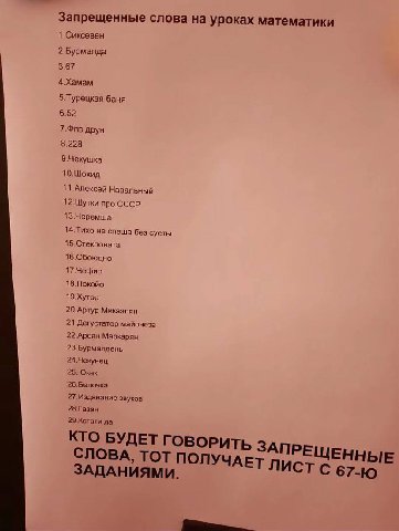 Запрещенные слова на уроках математики 1 Сиксевен 2.Бурмалда 3.67 4.Хамам 5.Турецкая баня 6.52 7.Фпв друн 8.228 9.Чекушка 10.Шохид 11.Алексей Навальный 12.Шутки про СССР 13.Черемша 14.Тихо не спеша бе