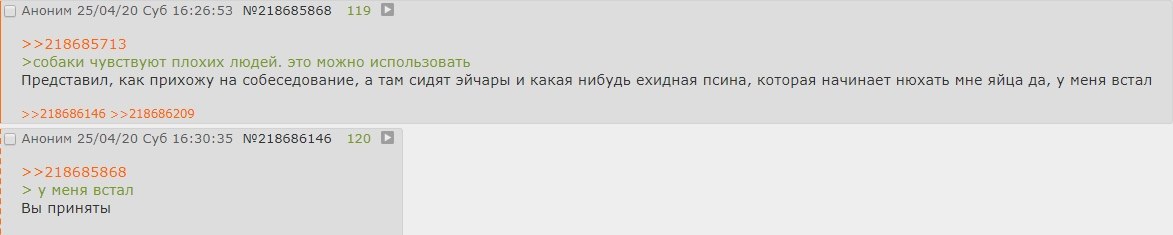 Аноним 25/04/20 Суб 16:26:53 №218685868 119 >>218685713 >собаки чувствуют плохих людей. это можно использовать Представил, как прихожу на собеседование, а там сидят эйчары и какая нибудь ехидная псина