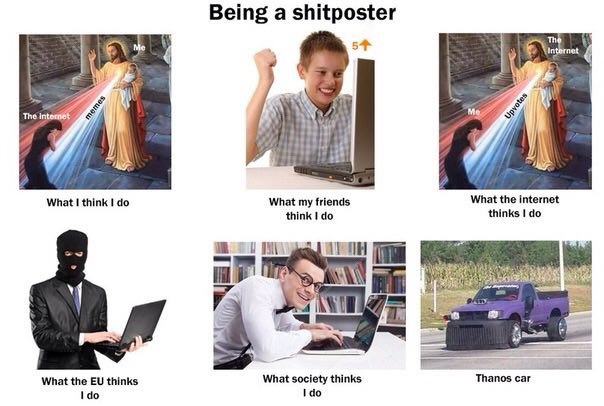 Being a shitposter 54 The In Mew if What I think What my friends What the internet thinks think I И 4 Thanos car What the thinks What society thinks 1 40 Ido