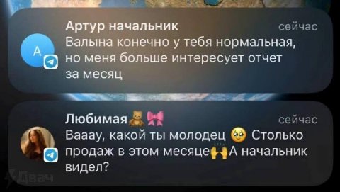 Артур начальник Валына конечно у тебя нормальная, А но меня больше интересует отчет за месяц Любимая a" Вааау, какой ты молодец Столько продаж В этом начальник видел?