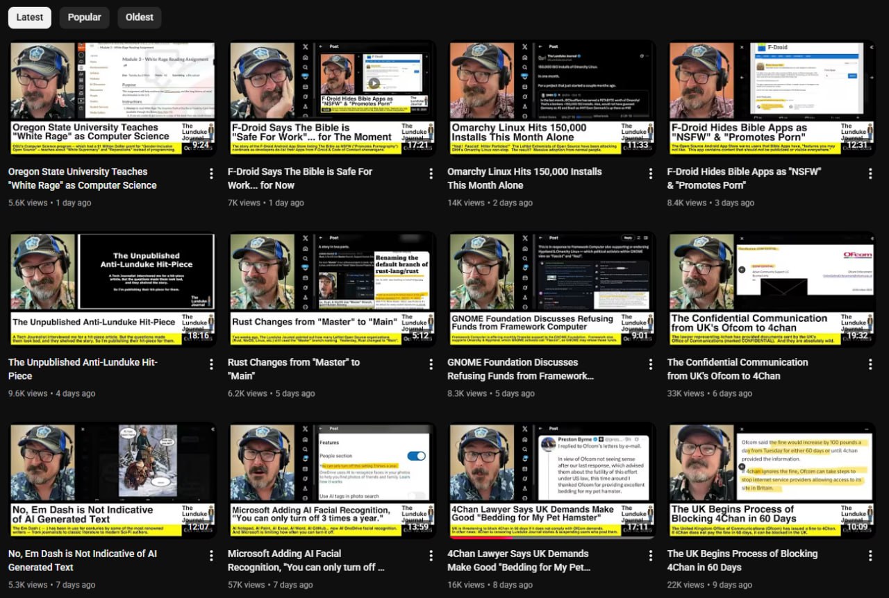 of his last 12 videos, 3 are politics adjacent (4chan ofcom drama), 2 are not political (ai), 7 are political. 
lunduke didnt change. he didnt "move right". he didnt watch too much youtube and get rec