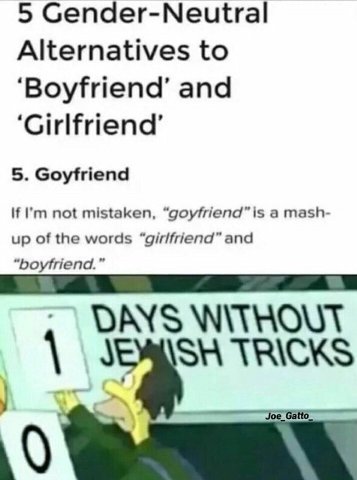 5 Gender-Neutral Alternatives to ‘Boyfriend’ and ‘Girlfriend’ 5. Goyfriend If not mistaken, “goyfriend” is a mash- up of the words “girlfriend” and 74 DAYS WITHOUT TRICKS