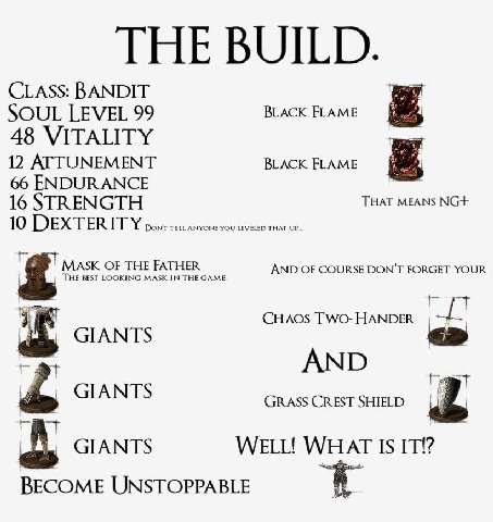 ТНЕ BUILD. CLASS: BANDIT SOUL LEVEL 99 48 VITALITY 12 ATTUNEMENT 66 ENDURANCE THAT MEANS 16 STRENGTH 10 DEXTERITY DON'T TELL ANYONE YOU LEVELED THAT UP. MASK OF THE FATHER AND OF COURSE DON'T FORGET Y
