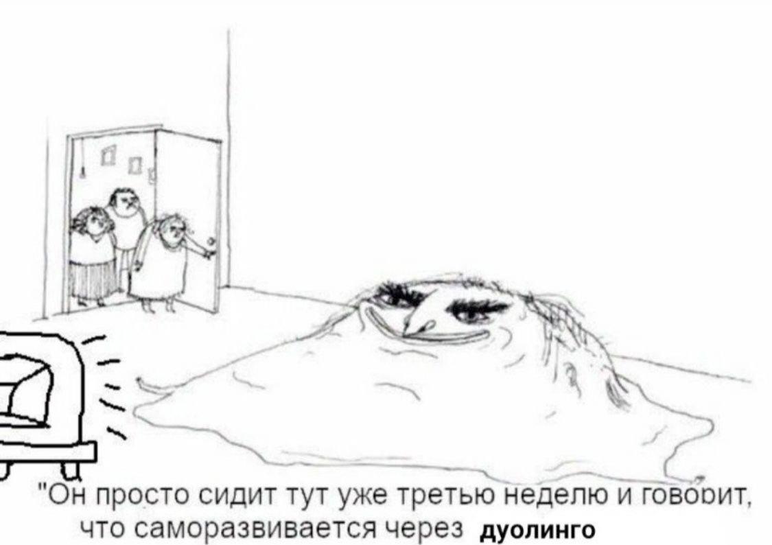 an] "Он просто сидит тут уже третью неделю и говбоит, что саморазвивается через дуолинго