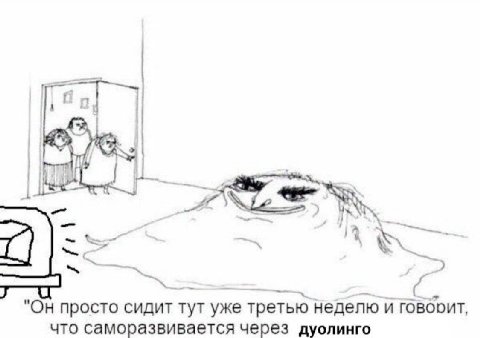 an] "Он просто сидит тут уже третью неделю и говбоит, что саморазвивается через дуолинго