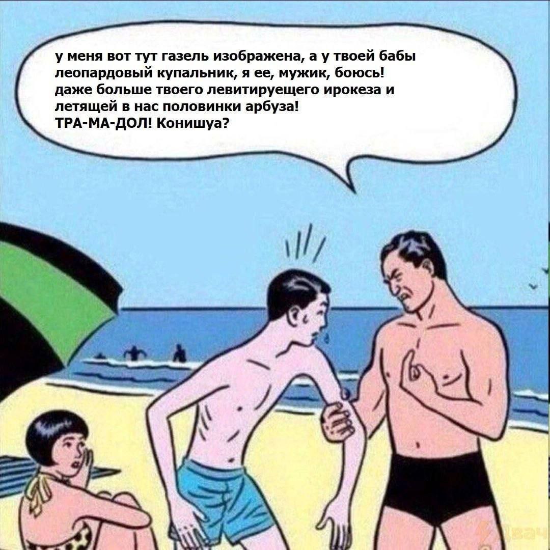 у меня вот тут газель изображена, а у твоей бабы леопардовый купальник, я ее, мужик, боюсы даже больше твоего левитируещего ирокеза и летящей в нас половинки арбуза! ТРА-МА-ДОЛ! Конишуа?