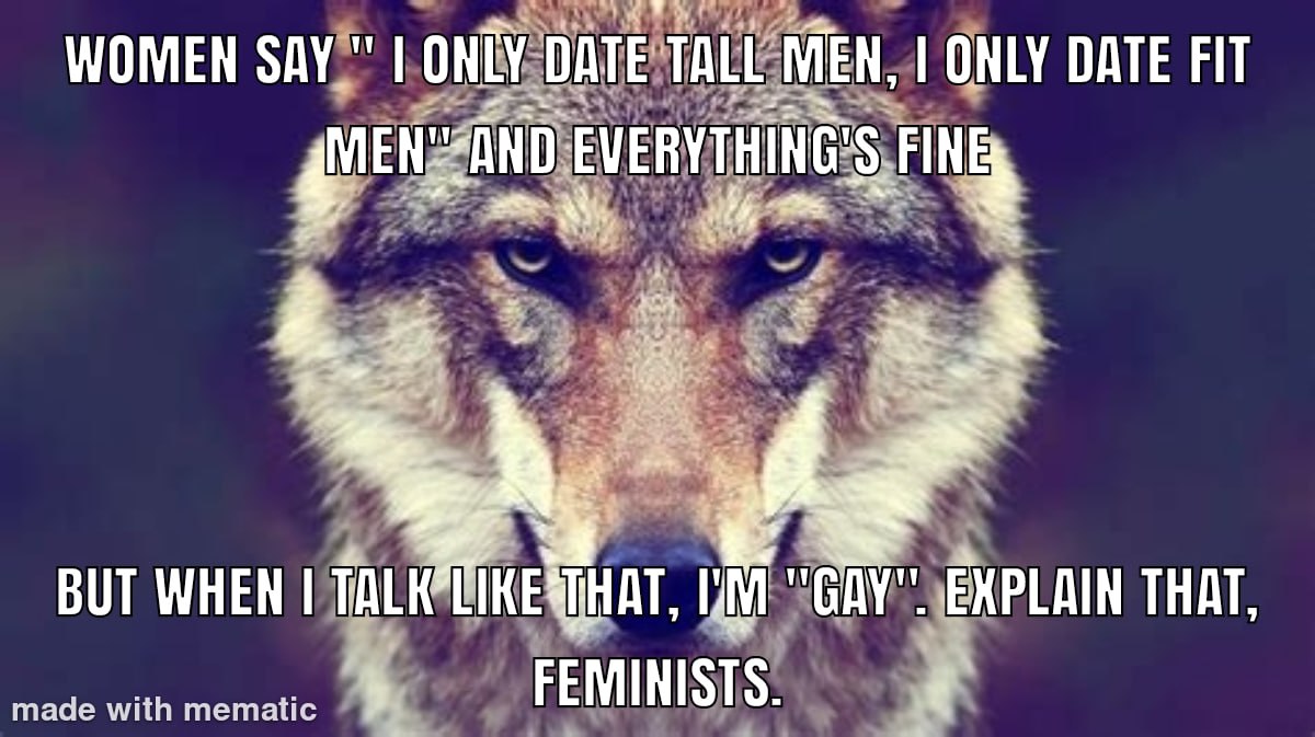 WOMEN SAY" ONLY DATE TALL МЕН, ONLY DATE FIT EVERYTHING'S FINE BUT WHEN TALK*CIKESPHAT, "GAY". EXPLAIN THAT, made with mematic FEMINISTS.