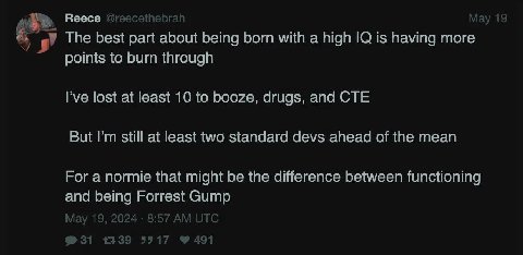 Веесе The best рай about being born with а high is having more points to burn through lost at least 10 to booze, drugs, and CTE But still at least two standard devs ahead of the mean For a normie that