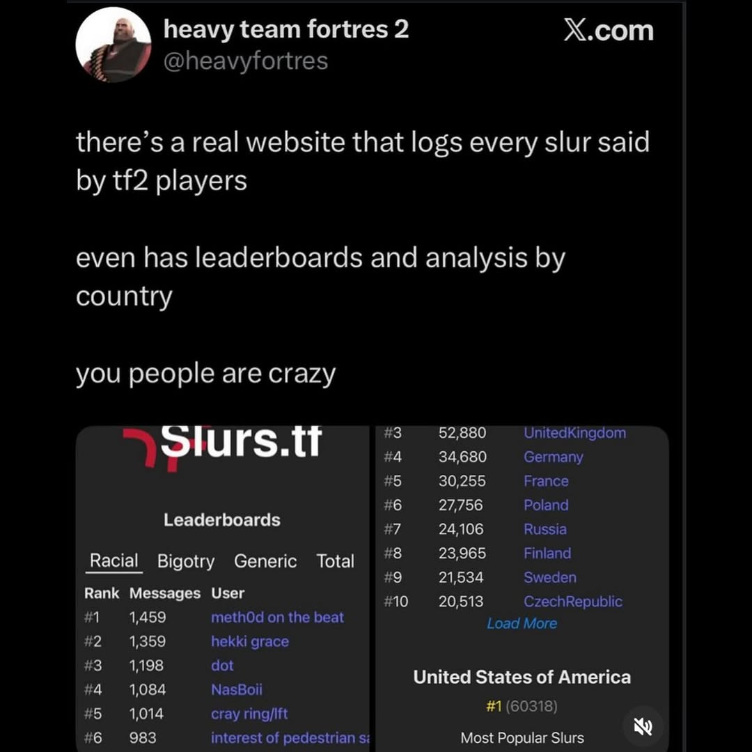 heavy team fortres 2 X.com @heavyfortres there’s a real website that logs every slur said players even has leaderboards and analysis country you people are crazy #3 52,880 UnitedKingdom #4 34,680 Germ