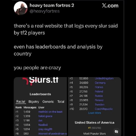 heavy team fortres 2 X.com @heavyfortres there’s a real website that logs every slur said players even has leaderboards and analysis country you people are crazy #3 52,880 UnitedKingdom #4 34,680 Germ