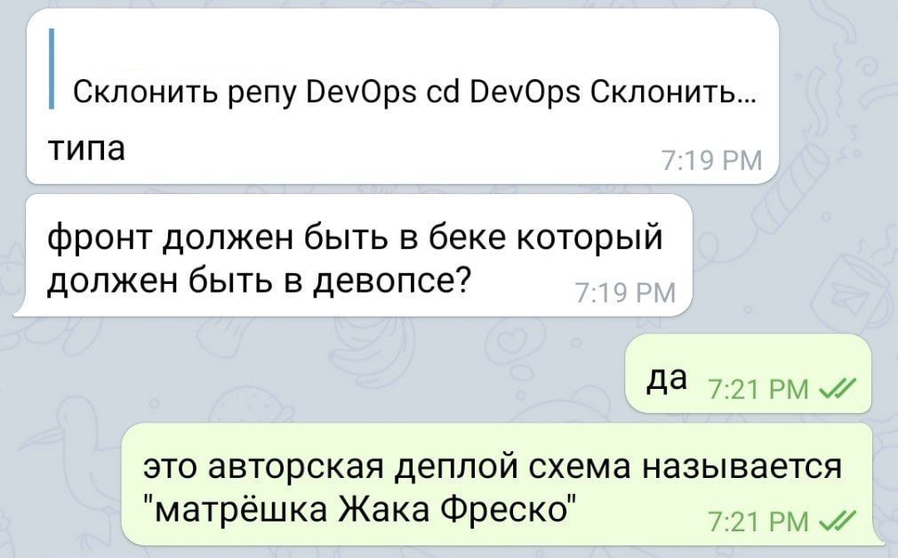 Склонить репу DevOps DevOps Склонить... типа фронт должен быть в беке который должен быть в девопсе? да это авторская деплой схема называется "матрёшка Жака Фреско"
