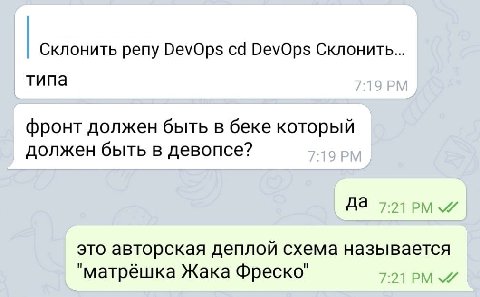 Склонить репу DevOps DevOps Склонить... типа фронт должен быть в беке который должен быть в девопсе? да это авторская деплой схема называется "матрёшка Жака Фреско"