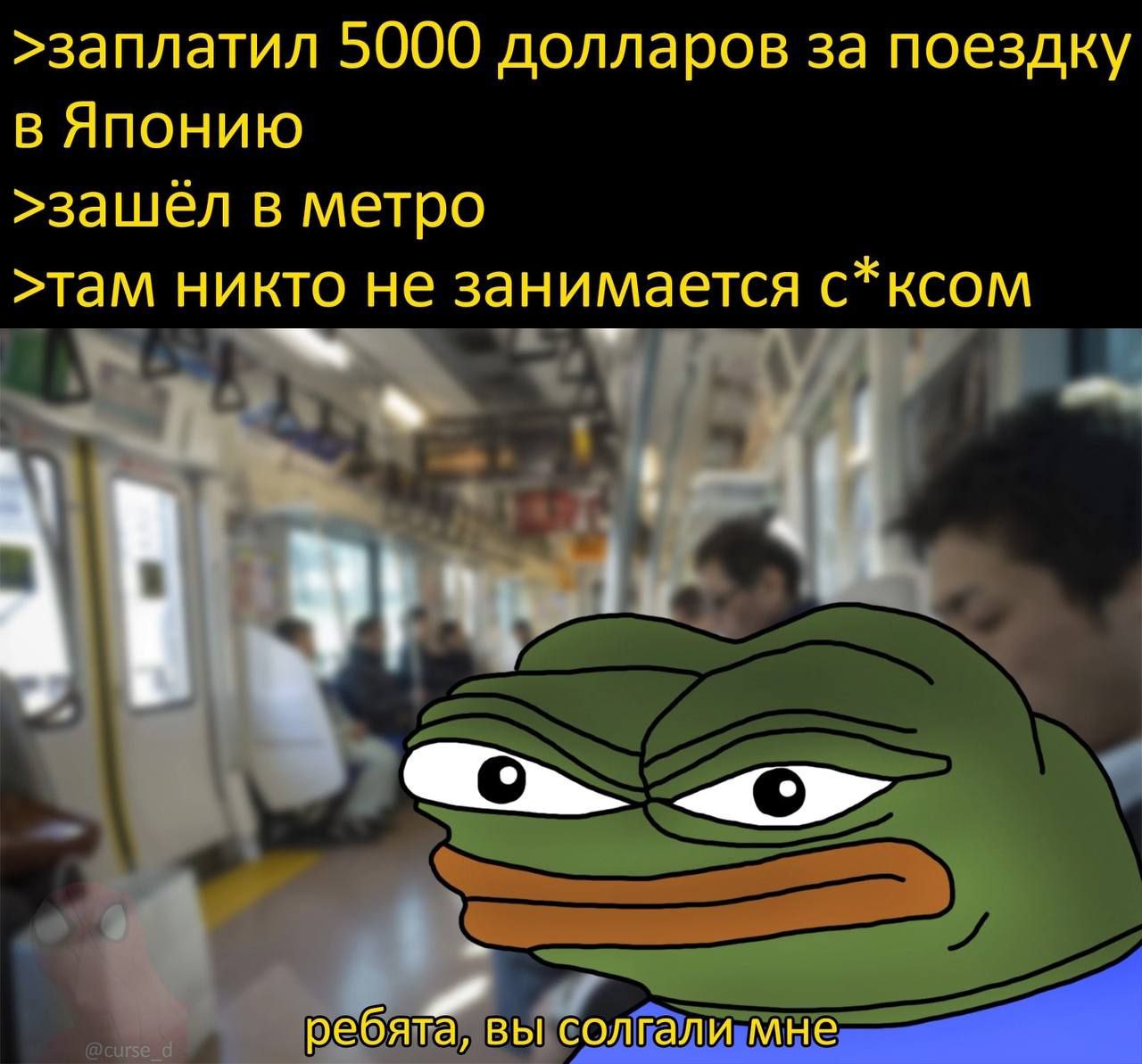 >заплатил 5000 долларов за поездку в Японию >зашёл в метро >там никто не занимается с*ксом 14% у ребята, вы солгали мне