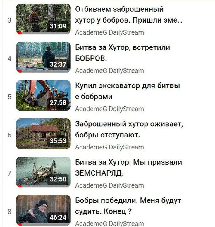 Отбиваем заброшенный хутор у бобров. Пришли зме... AcademeG DailyStream Битва за Хутор, встретили БОБРОВ. 32:37 AcademeG DailyStream Купил экскаватор для битвы с бобрами 27:58 AcademeG DailyStream Заб