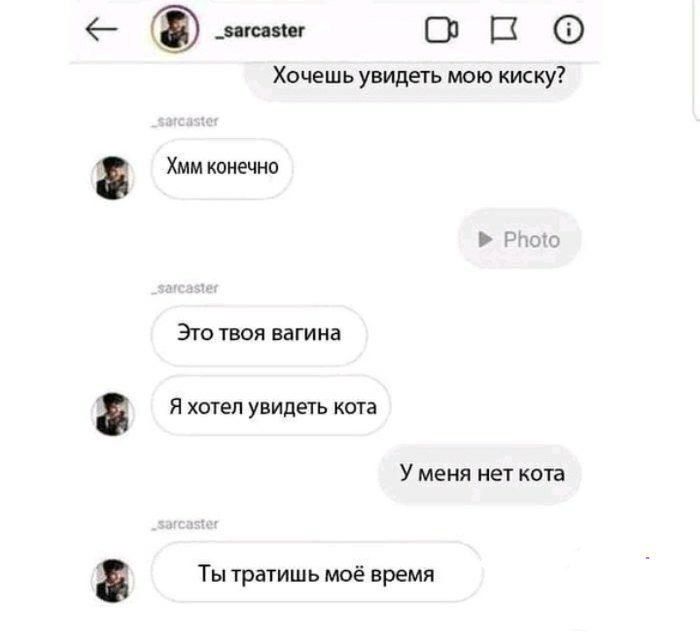 око _sarcaster Хочешь увидеть мою киску? Хмм конечно Это твоя вагина Я хотел увидеть кота У меня нет кота Ты тратишь моё время