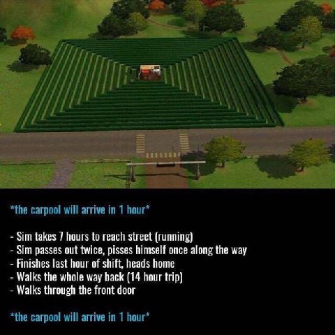Sim takes 7 hours to reach street (running) Sim passes out twice, pisses himself once along the way Finishes last hour of shift, heads home Walks the whole way back (14 hour trip) Walks through the fr