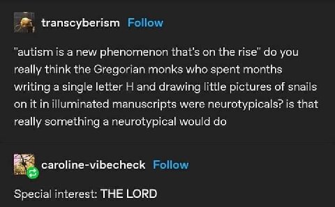 transcyberism “autism is anew phenomenon that's on the rise’ you really think the Gregorian monks who spent months writing a single letter and drawing little pictures of snails on it in illuminated ma
