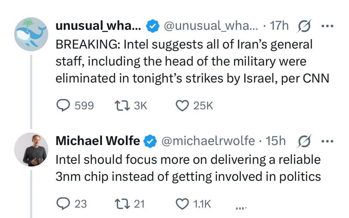 unusual wha... BREAKING: Intel suggests all of lran’s general Staff, including the head of the military were eliminated in tonight’s strikes Israel, per CNN 599 Michael Wolfe Intel should focus more o