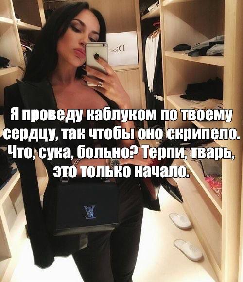 проведу каблуком по твоему сердцу, так чтобы оно скрипело Что, сука, больно? Терпи, тварь, это только начало