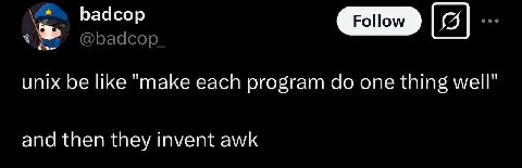 badcop Follow 08] unix be like ‘таке each program one thing well” and then they invent awk