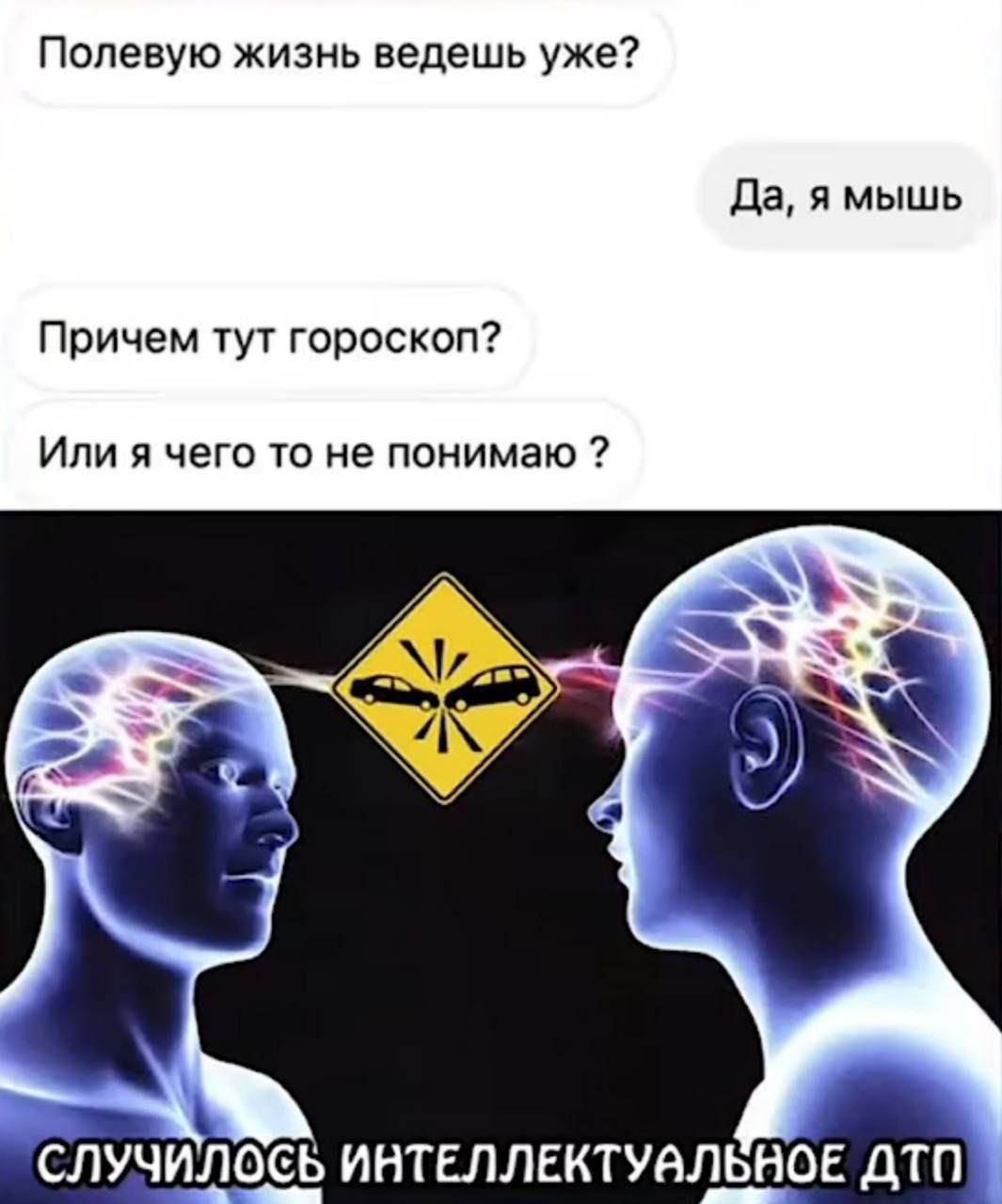 Полевую жизнь ведешь уже? Да, ямышь Причем тут гороскоп? Или я чего то не понимаю СЛУЧИЛОСЬ ИНТЕЛЛЕКТУВЛЬНОЕ ДТП